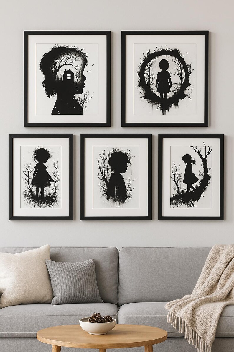 Impresiones artísticas de siluetas inspiradas en traumas: Decoración emocional en blanco y negro (Descarga digital) imagen 2