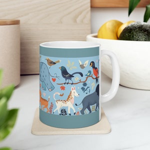 Whimsical Animal Parade Coffee Mug – Cartoon Jungle Creatures Design, Unique Birthday Gift for Animal Lovers, Cute Nature-Inspired Cup