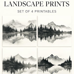 Monochrome Mountain Wall Art Set – Black and White Landscape Prints, Digital Download Watercolor Nature Art, Set of 4