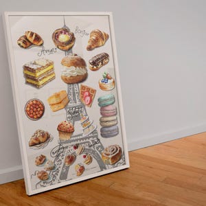 French Pastry Poster Printable Wall Art - Whimsical Croissants and Éclairs Kitchen Decor for Bakers & Dessert Lovers, Café Wall Art