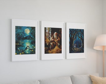 Grimm's Fairy Tale Art Collection: Hansel and Gretel, Rumpelstiltskin, The Frog Prince - Set of 3 Paintings