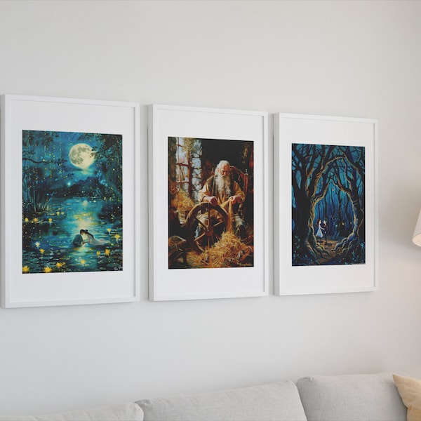 Grimm's Fairy Tale Art Collection: Hansel and Gretel, Rumpelstiltskin, The Frog Prince - Set of 3 Paintings