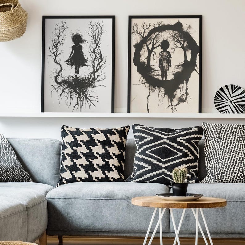 Impresiones artísticas de siluetas inspiradas en traumas: Decoración emocional en blanco y negro (Descarga digital) imagen 5