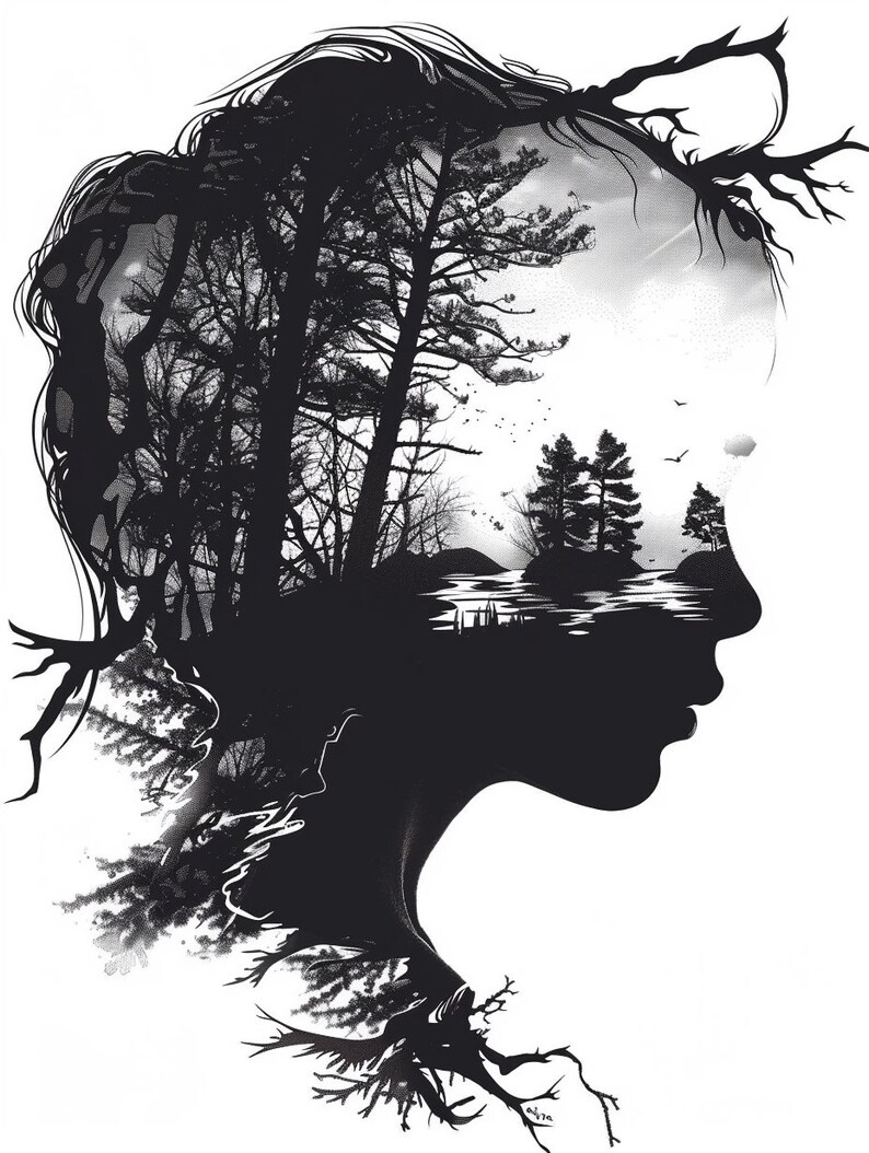 Impresiones artísticas de siluetas inspiradas en traumas: Decoración emocional en blanco y negro (Descarga digital) imagen 7