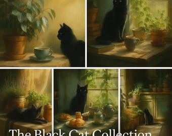 Black Cat Vintage Style Art Prints: Cozy Home Decor (Digital Download)