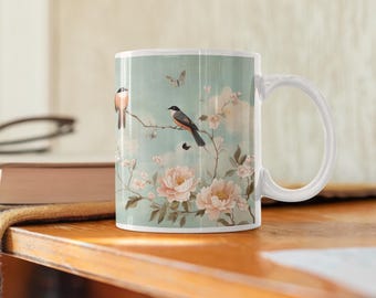Chinoiserie Mug: Floral Bird Ceramic Coffee Cup, 11oz