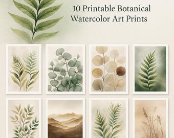 ボタニカル水彩画プリントセット：ミニマリストの緑の植物アート10点（デジタルダウンロード）