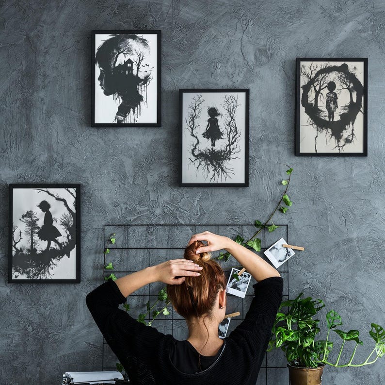 Impresiones artísticas de siluetas inspiradas en traumas: Decoración emocional en blanco y negro (Descarga digital) imagen 3