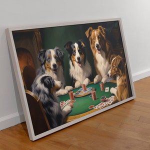 Canine kaartspel kunst aan de muur, charmante Australische herder poker schilderij, woondecoratie voor dierenliefhebbers, leuk housewarmingcadeau