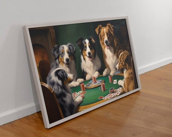Lámina decorativa con diseño de pastor australiano jugando al póker, divertida decoración de pared con temática canina (descarga digital).