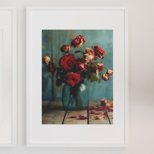 Printable Wall Art Vintage Rose Print – Nostalgic Dried Flower Aesthetic – Glass Vase Home Decor – Romantic Gift Idea