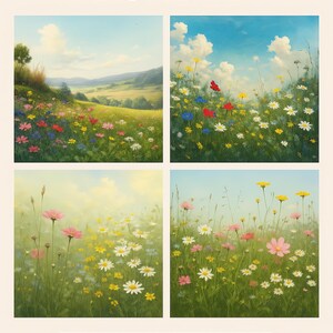 4-teiliges Set von Wildblumenwiesengemälden - Handgefertigte Naturkunst, perfekte Wanddekoration für Zuhause