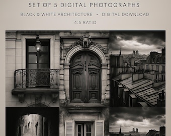 Conjunto de fotos de arquitectura parisina: Decoración francesa en blanco y negro (descarga digital)