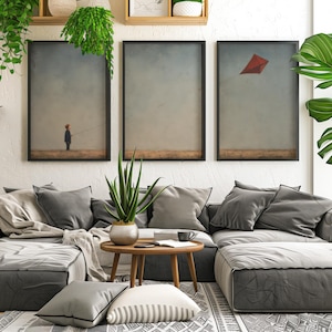 Roter Drachen Triptychon Digitale Wandkunst - 3-Panel minimalistischer Junge fliegender Drachen Druckset, 4: 5 Verhältnis druckbare Kunst für Kinderzimmer oder Wohnzimmer