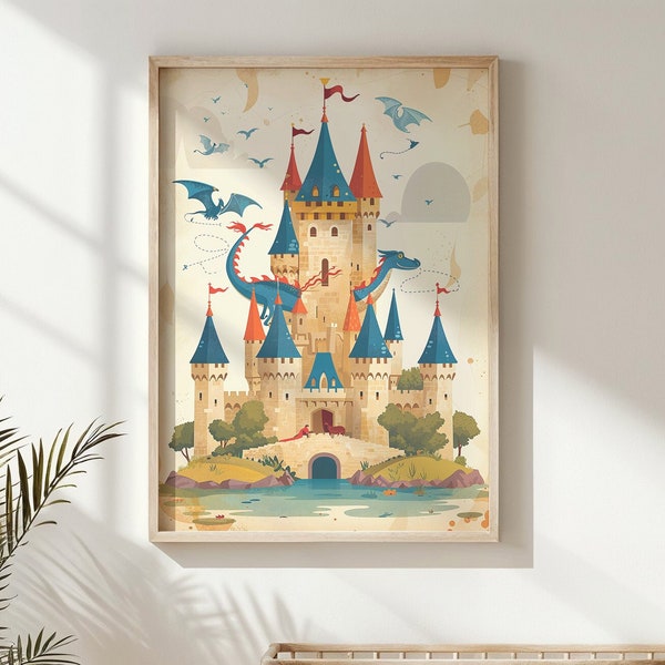 Fantasy Castle and Dragon Print ~ Nursery Wall Art ~ Kids Posters Decor Printable Whimsical Fairytale Art Magical Kingdom Instant Download