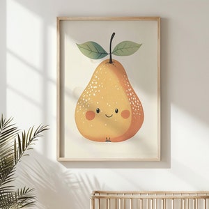 Pera sonriente imprimible ~ Arte de la pared de la guardería ~ Decoración de carteles de frutas para niños ~ Arte de comida caprichosa ~ Impresión descargable digital de la habitación del bebé