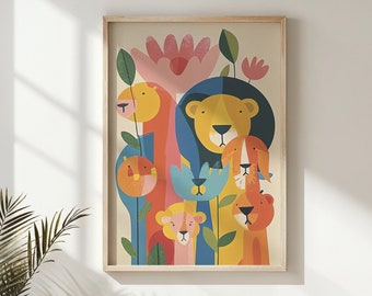 Lion Family Print ~ Colorful Safari Nursery Wall Art ~ Kids Jungle Animal Posters Decor ~ Printable Instant Downloadable ~ Illustration