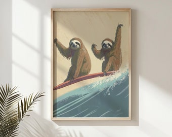 Sloth Surfing Print ~ Nursery Wall Art ~ Kids Posters Decor ~ Printable Nautical Ocean Theme ~ Whimsical Animal Artwork ~ Digital Download