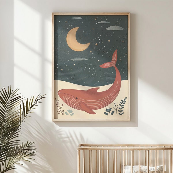 Whale and Moon Print ~ Nursery Wall Art ~ Kids Sea Creature Poster ~ Printable Instant Downloadable ~ Underwater Ocean Night Decor