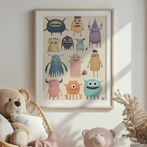 Arte della parete della scuola materna a tema mostro - Set di poster per bambini con creature carine - Arredamento stampabile di personaggi giocosi - Download digitale istantaneo