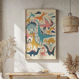 Arte da parete per la cameretta dei dinosauri ~ Decorazione della camera dei bambini ~ Set di poster di dinosauri giocosi ~ Scaricabile istantaneamente stampabile ~ Illustrazione di animali colorati