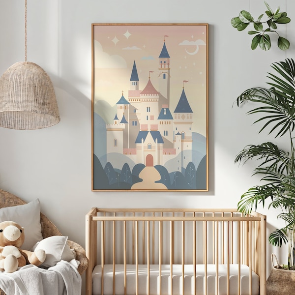 Fairytale Castle Print Nursery, Wall Art Kids Room Decor Whimsical Storybook Printable Poster Pastel Color Decor Gift