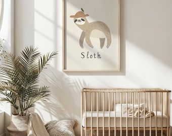 Sloth Nursery Wall Art, Kids Room Decor, Animal Poster with Hat, Printable Artwork, Baby Room Decoration, Unique Gift for Animal Lovers