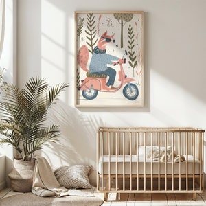 Arte de la pared de la guardería con un juguetón scooter Fox, carteles para niños para la decoración creativa de la habitación, encantador estampado de animales, regalo de decoración único para los niños
