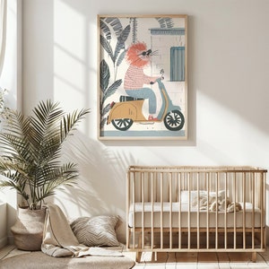 Arte de la pared de la guardería, scooter para montar en elefante, carteles para niños, decoración encantadora de la sala de juegos de animales, regalo único para bebés, obras de arte imprimibles