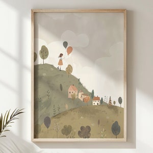 Ragazza con palloncini Stampa Arte della parete della scuola materna Bambini Villaggio Paesaggio Poster Opera d'arte stampabile Download digitale Illustrazione del bambino Regalo della cameretta del bambino
