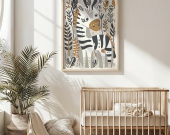 Zebra Nursery Wall Art, Safari Animal Kids Poster, Printable Neutral Tones Decor, Baby Room Artwork, Modern Jungle Theme, Nursery Decor Gift