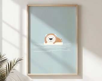 Lion Cub Print, Nursery Wall Art Kids Safari Animal Poster Printable Calm Blue Decor Baby Shower Gift Digital Downloadable