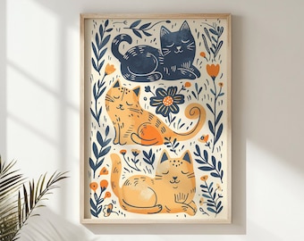 Whimsical Cat Nursery Wall Art, Kids Room Decor, Playful Feline Poster, Printable Animal Illustration, Gift for Cat Lover, Instant Download