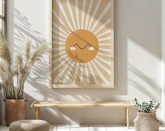 Smiling Sun Print, Nursery Wall Art, Kids Room Decor, Whimsical Sunshine Poster, Printable Instant Download, Gender Neutral Decor, Baby Gift