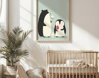 Bear and Penguin Ice Cream Friends Nursery Wall Art, Kids Poster, Playful Animal Print, Printable Art, Baby Room Decor, Mint Background Gift