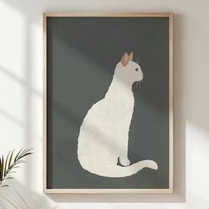 Weiße Katze Druck, Kinderzimmer Wand Kunst Kinder Poster Dekor Geschenk druckbare digitale Download Tier Illustration neutrale Farben Haustier Kunst