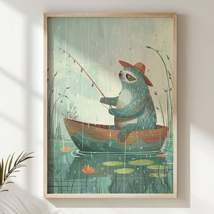 Wasbeer visserij Art Print, kinderkamer kunst aan de muur, bos dieren poster, kinderkamer decor, afdrukbare illustratie, cadeau, Instant Download