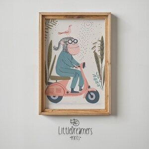 Nursery Wall Art, Charming Monkey on Scooter with Bird, Kids Room Decor, Gender Neutral Playful Animal Print, Baby Shower Decor Gift
