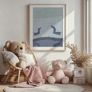 Stampa del cucciolo di bassotto, arte della parete della scuola materna, poster di cani per la camera dei bambini, opere d'arte stampabili, regalo di arredamento per animali per bambini, illustrazione dell'animale domestico con download digitale
