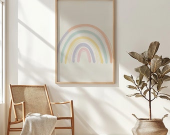 Arte de la pared de la guardería imprimible del arco iris pastel, decoración moderna de la habitación de los niños, cartel del arco iris, descargable instantánea, regalo del bebé neutral del género