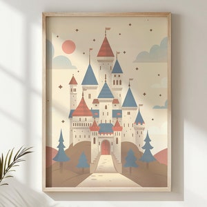 Enchanted Castle Print, Fairytale Nursery Wall Art, Kids Fantasy Poster, Printable Storybook Decor, Pastel Colors, Magical Kingdom Art Gift