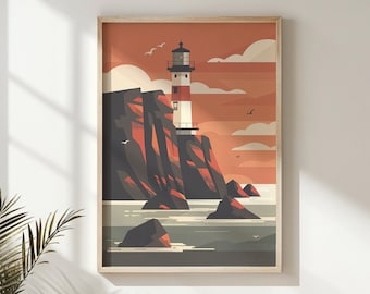 Coastal Lighthouse Wall Print, Nautical Nursery Wall Art, Kids Maritime Poster, Seaside Decor Gift, Printable Ocean Landscape, Nursery Decor