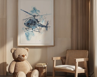 May include: A framed watercolor painting of a helicopter flying through the air. The helicopter is blue and white and the background is a light blue watercolor wash. The painting is hanging on a light brown wall with a brown wicker chair and a teddy bear in the foreground.