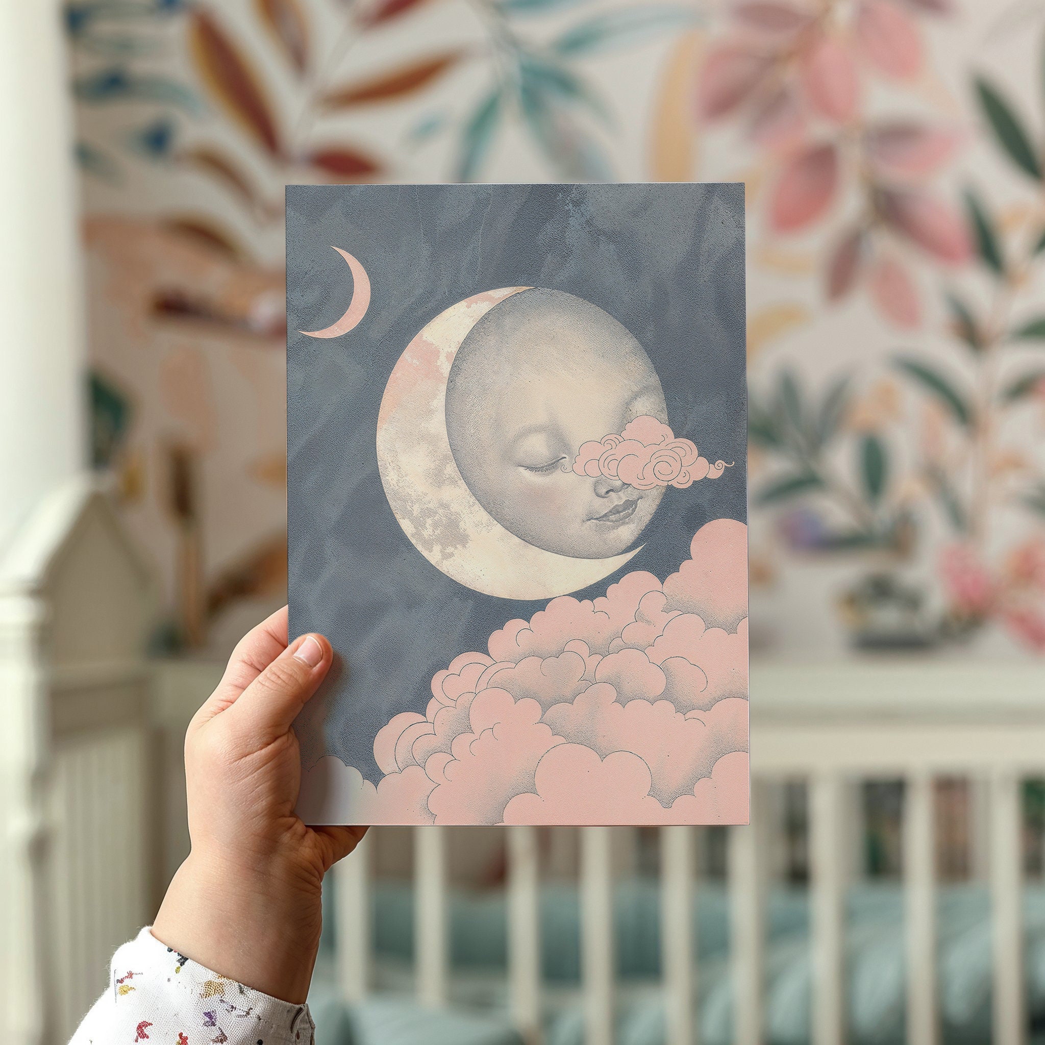 Dreamy Moon Child Nursery Wall Art, Celestial Kids Poster, Printable