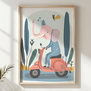 Arte de la pared de la guardería, scooter para montar en elefante, carteles para niños, decoración encantadora de la sala de juegos de animales, regalo único para bebés, obras de arte imprimibles