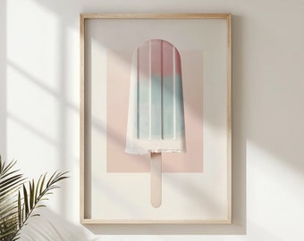 May include: A framed print of a pink, blue, and white popsicle on a light pink background. The popsicle is on a wooden stick.