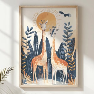 Arte da parete per l'asilo nido Safari, set di stampe giraffa per bambini, poster di animali per bambini, arredamento stampabile per la camera dei bambini, illustrazione del sole e delle giraffe, regalo