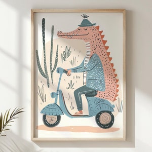 Arte de pared para guardería, carteles para niños, formas divertidas y animales amigables, decoración de cocodrilos en scooter, regalo perfecto para la habitación de los niños