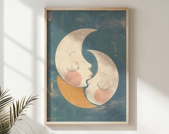 Maan en sterren kwekerij Wall Art Print, hemelse kinderkamer decor, slaperige maan poster, afdrukbare neutrale baby muur kunst, Kids posters cadeau