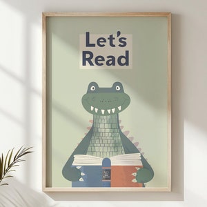 Impression de lecture crocodile, art mural pour chambre d'enfant, affiche éducative pour enfants, téléchargement numérique, illustration de l'heure du conte d'animaux, cadeau déco de chambre d'enfants